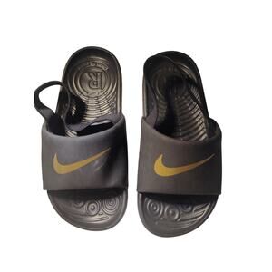 Nike Kids Kawa Slide Sandals Black Gold Swoosh Youth US 10C Comfort Slides